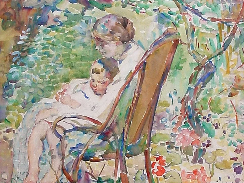 1869-Alice Schille - Madre e figlio in un giardino